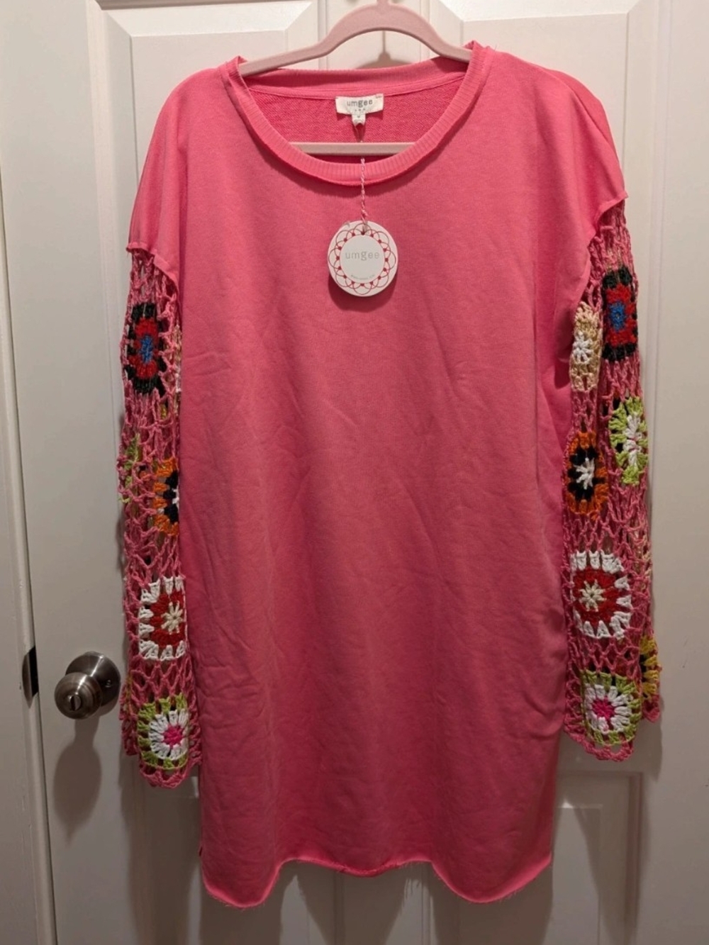 Umgee Hot Pink Crewneck Mini Tunic dress With Crochet Sleeves